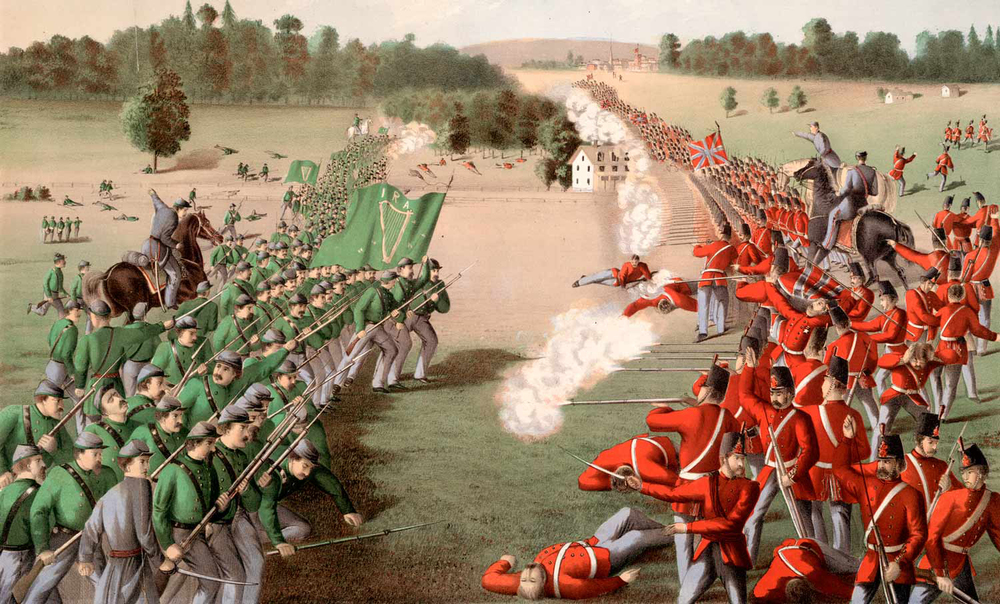 An 1869 illustration of the Battle of Ridgeway, showing General O'Neill's Fenian forces charging the Canadian militia at Ridgeway, Ontario, on 2 June 1866