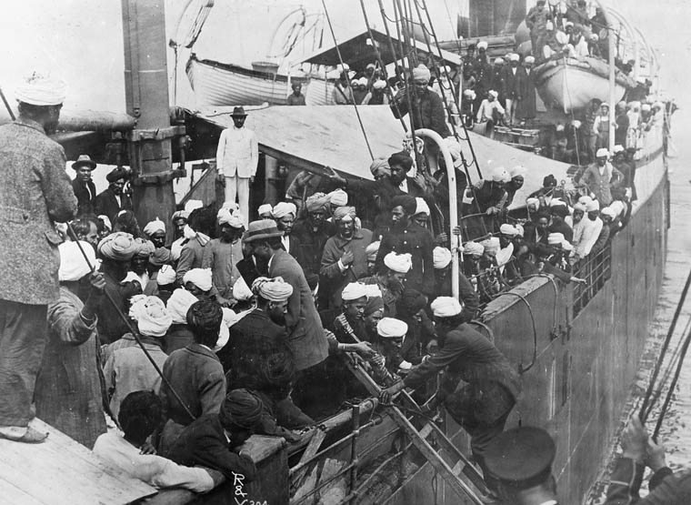 The Komagata Maru at anchor in Vancouver Harbour, 1914, with a Canadian government vessel alongside