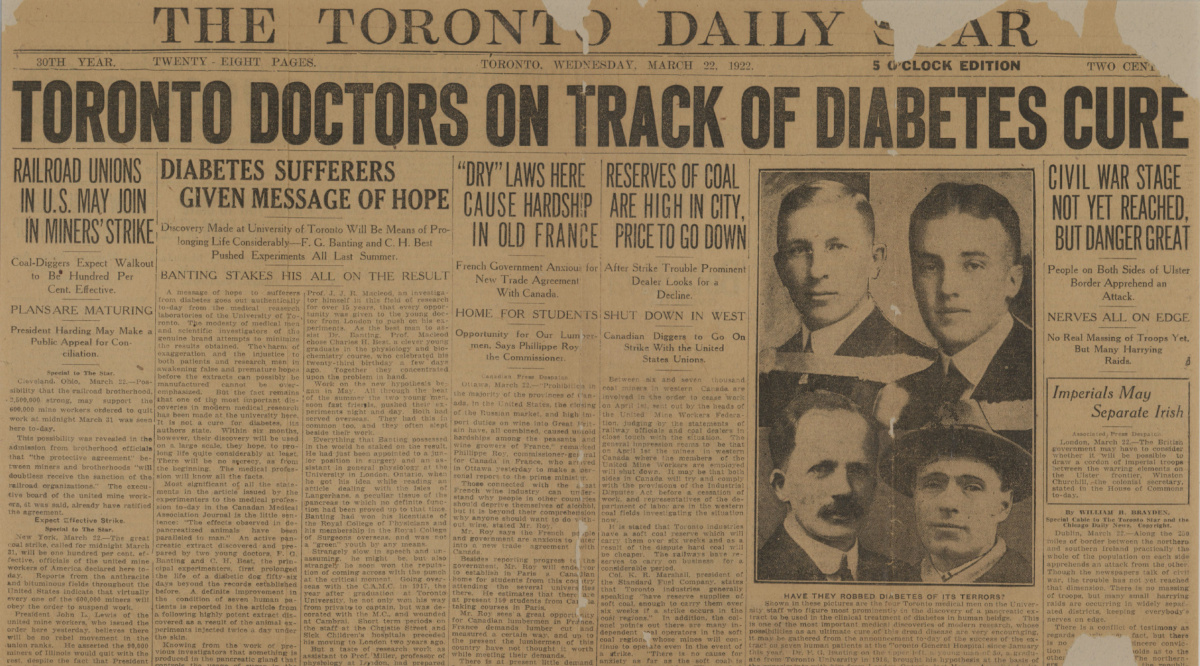 Front page of the Toronto Daily Star, 1922, on the discovery of insulin