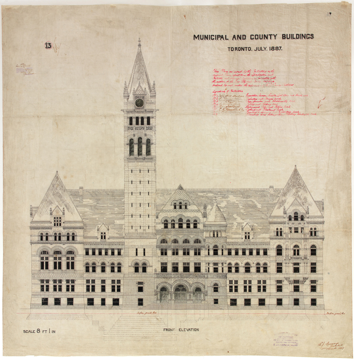 Architectural drawing of the proposed Municipal and County Buildings on Queen Street West, Toronto, 1887, showing the Romanesque Revival design by E. J. Lennox
