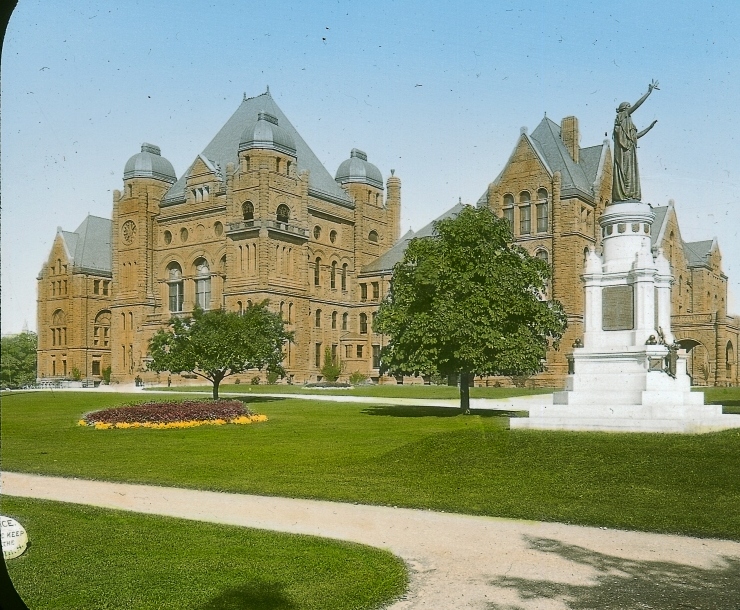 Queen's Park and the Ontario Legislative Building, Toronto, circa 1890, showing the Romanesque Revival sandstone building newly opened in 1893