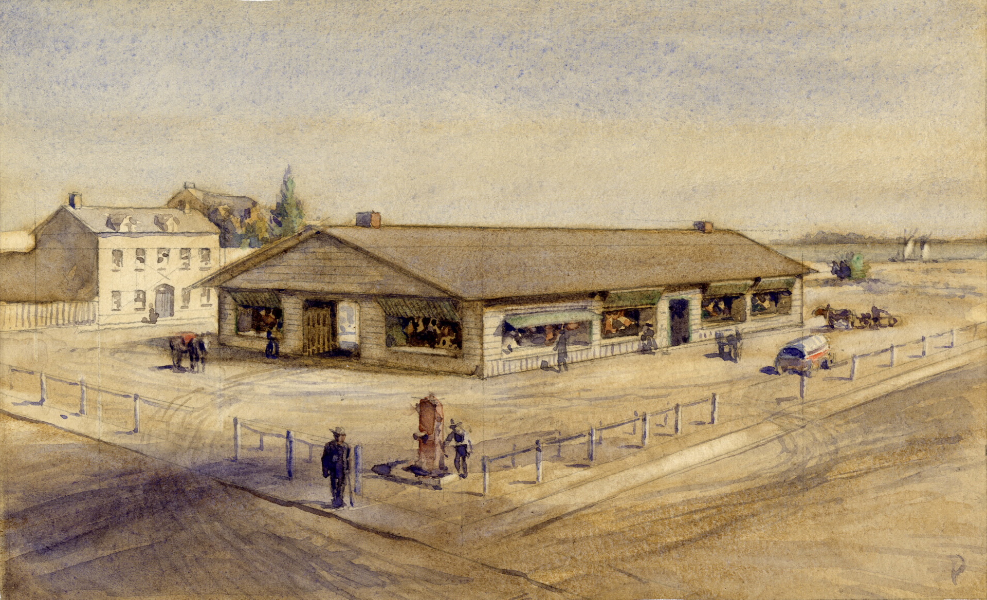 The original St. Lawrence Market building at King and New Streets, York, Upper Canada, an early wooden market structure