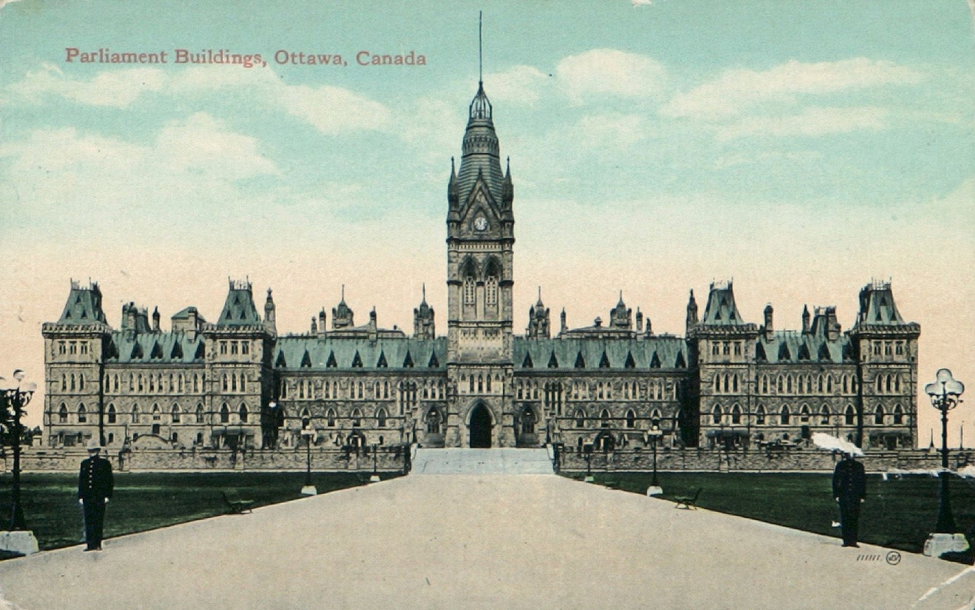 The original Centre Block of the Parliament Buildings on Parliament Hill in Ottawa, as it appeared before the 1916 fire, shown in an early postcard view