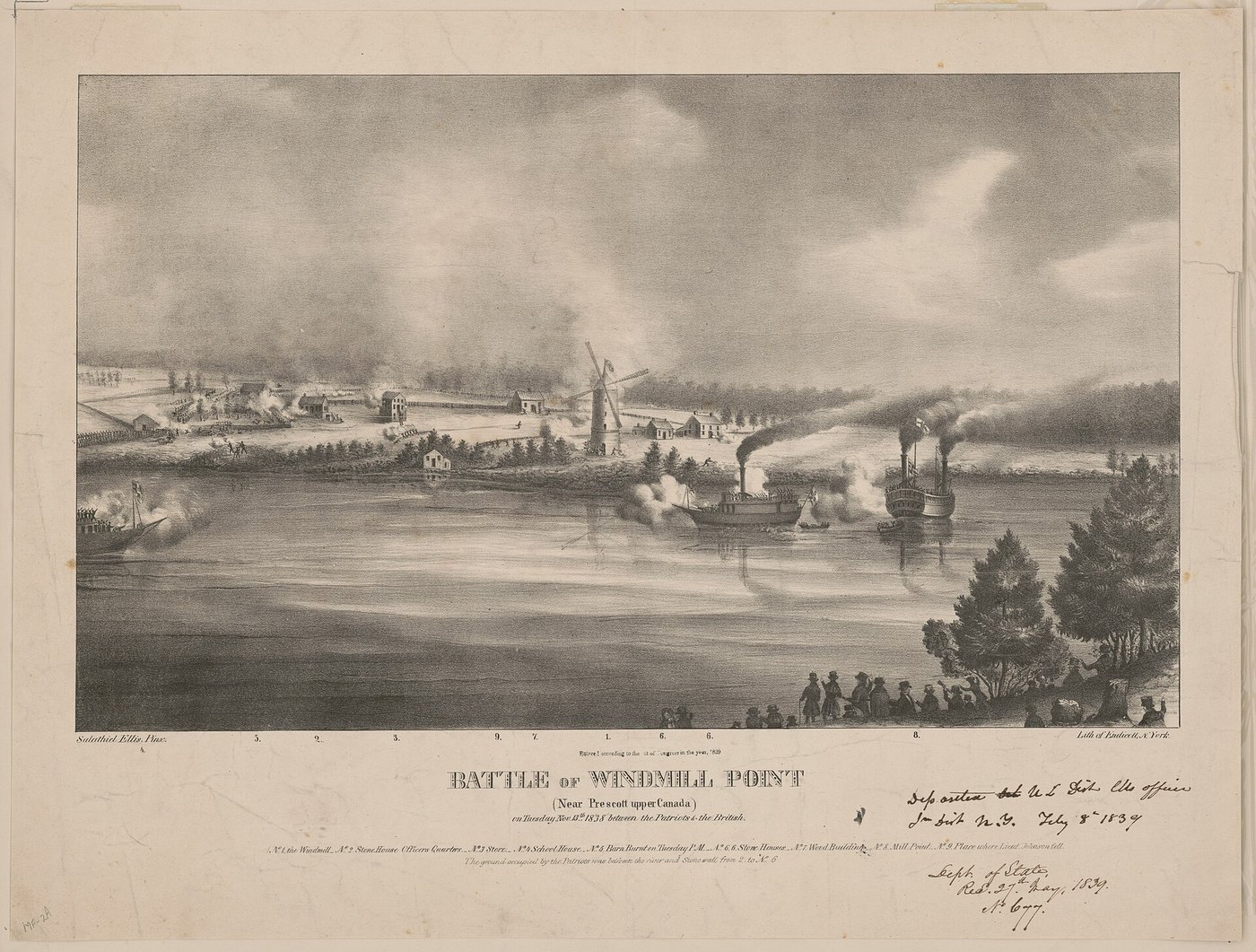 Lithograph of the Battle of Windmill Point near Prescott, Upper Canada, November 1838, showing the stone windmill, troops and steamers on the St. Lawrence