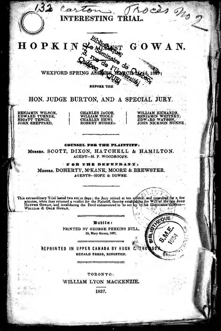 Title page of the printed trial report Hopkins against Gowan, Wexford Spring Assizes 1827, showing the Dublin, Kingston and Toronto imprints