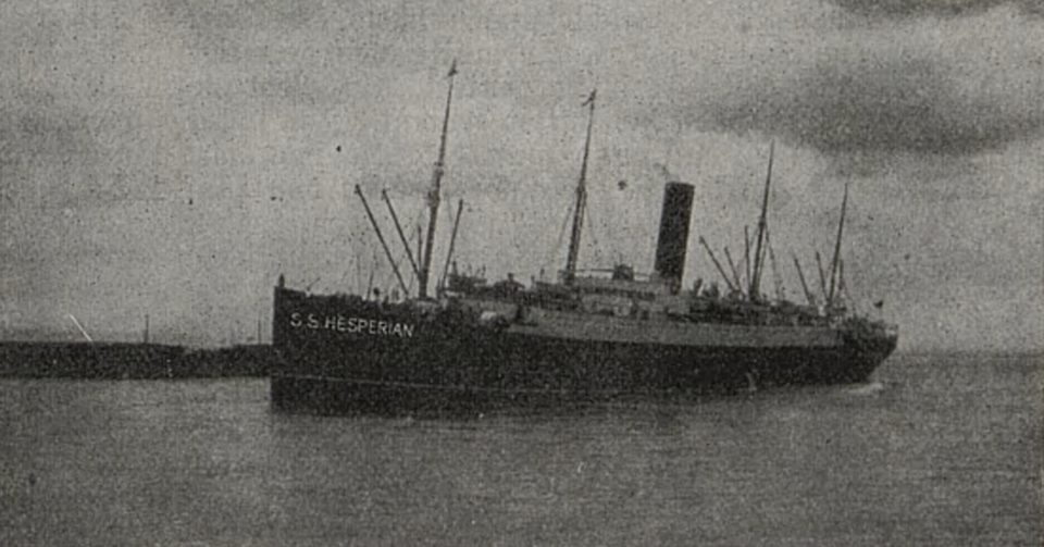 The Allan Line steamship Hesperian listing in the water after being torpedoed in September 1915