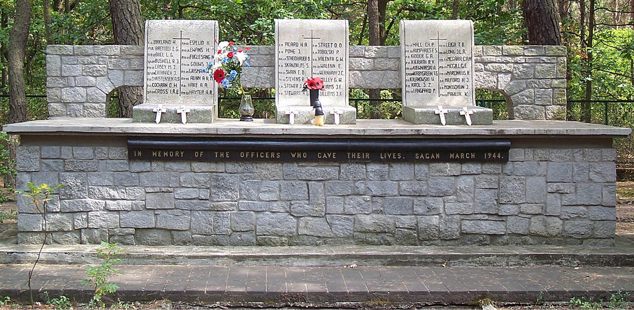 The memorial to the Fifty at Sagan, Poland -- a stone monument marking the graves of the fifty Allied officers executed by the Gestapo after the 1944 Great Escape