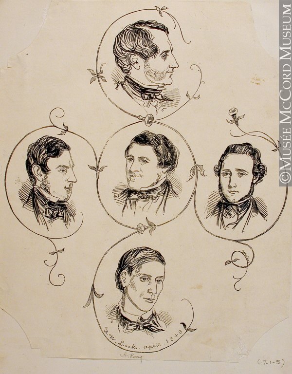 Engraved medallion portraits of the five men arrested after the burning of the Montreal parliament building in 1849