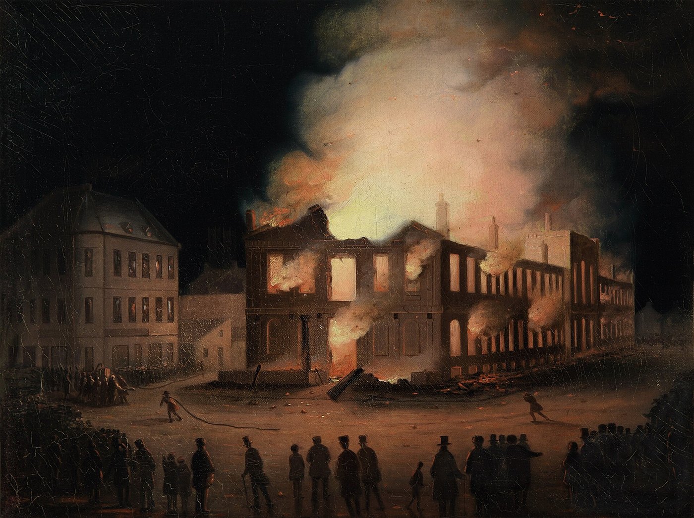 Painting attributed to Joseph Legare showing the parliament building at Montreal burning at night, its facade collapsed, with figures watching in the foreground