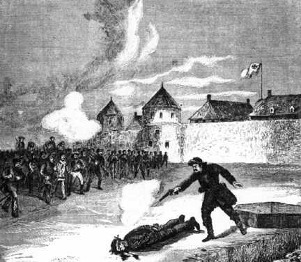 Period illustration of the execution of Thomas Scott outside Upper Fort Garry, 4 March 1870