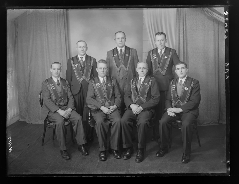 Group photograph of seven members of Royal Black Preceptory 241 in collarettes, 1948