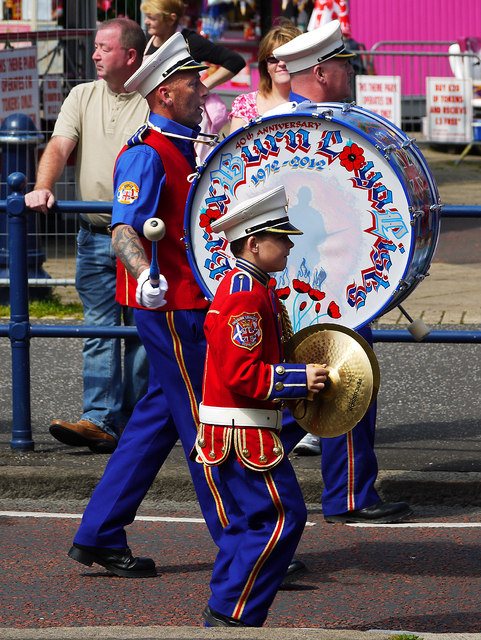 Royal Black Institution banner carried in a parade at Bangor