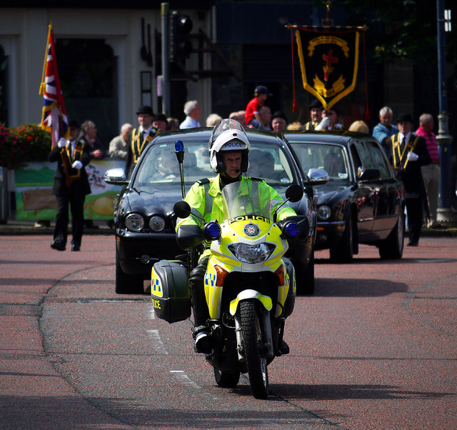 Members of the Royal Black Institution parading in collarettes at Bangor
